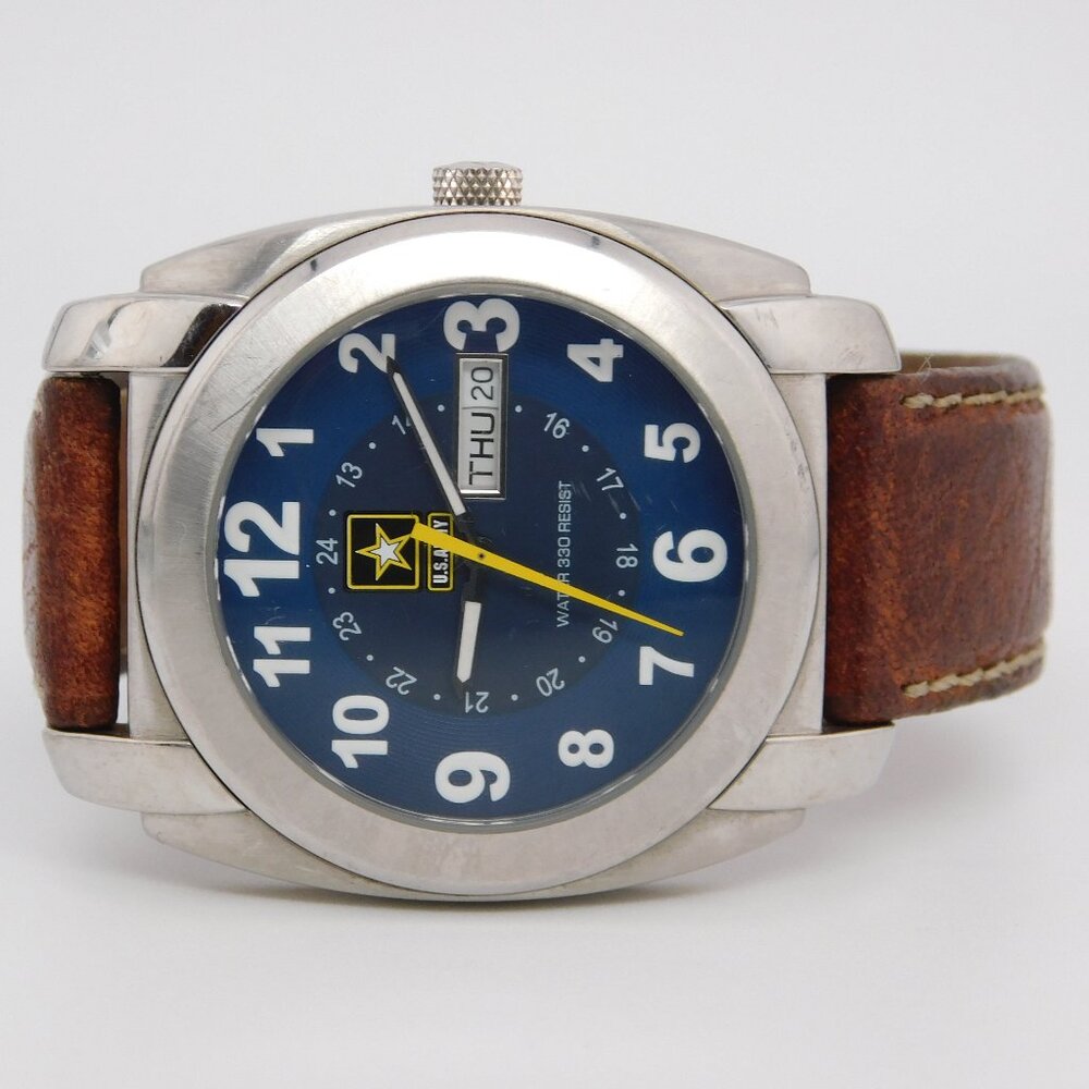 U.S.ARMY US/1002 Genuine Leather Quartz Analog Men's Watch New Battery